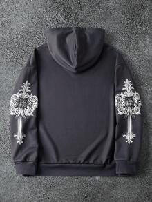 The Nun X SHEIN Men's Casual Figure Graphic Drop Shoulder Hoodie, Autumn, 2000s Style - Dark Grey - View 2