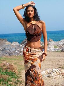 Opulessa 1 Set Women Solid Color Knit Halter Backless Top And Knit Mesh Printed Low Waist Fitted Mermaid Hem Skirt, Beach Outfit Two Piece Maxi Skirt Set Beach Maxi Dress Floral Maxi Skirt Floral Two Piece Set Strapless Maxi Dress