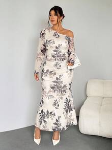 Firerie Plus Size Elegant Vacation/Party Ruched Open Shoulder Elastic Mesh Floral Print Fishtail Long Sleeve Dress For Women, Spring/Autumn - Multicolor - View 4