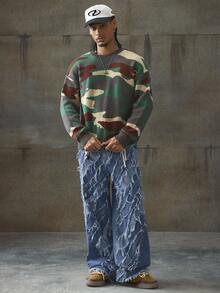 AXEPEAK Men's Casual Camouflage Pattern Round Neck Drop Shoulder Long Sleeve Sweater, Autumn, For Fall Winter - Multicolor - View 6