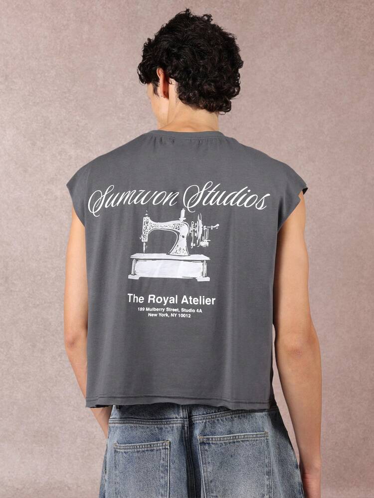 Sleeveless Crop Tank With Vintage Sewing Machine Print