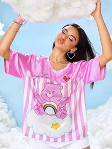 SHEIN X Care Bears Damtopp med tecknad björntryck och v-ringning, kortärmad - Rosa - Visa 6