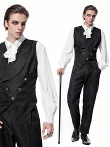 ROMWE MEN Men's Gothic Vest, Single Pocket Button Shawl Neck Halloween, Fall - Black - View 7