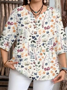 EMERY ROSE Ditsy Floral, Vintage Casual Minimalist Plus Size Shirt, Suitable For Autumn Chic Blouses Women,Fall Clothes Women,Flower/Spring/Summer/Vacation - Multicolor - View 3
