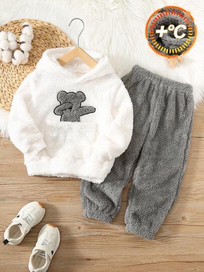 SHEIN Set de 2 piezas Estilo preppy para niño pequeño Conjunto de ropa de felpa tejida holgada y gruesa