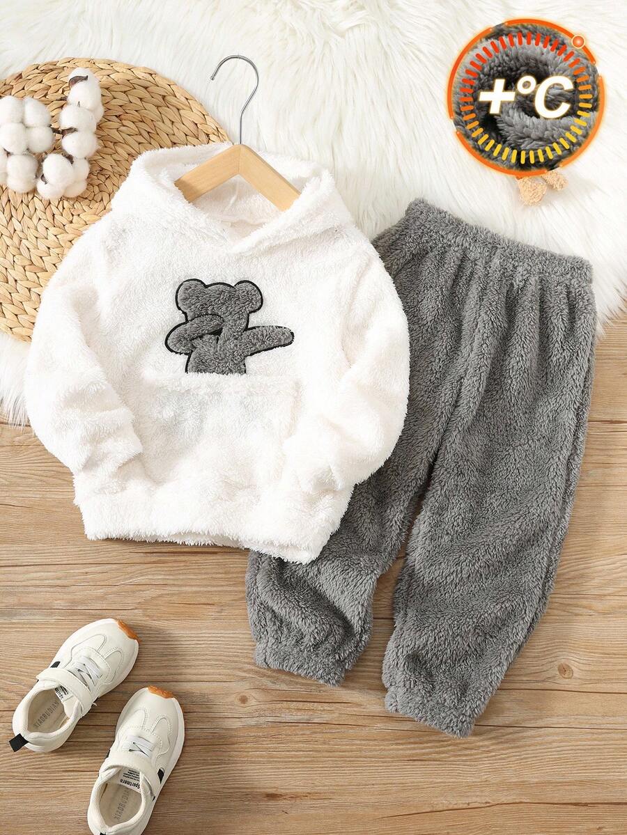 SHEIN Set de 2 piezas Estilo preppy para niño pequeño Conjunto de ropa de felpa tejida holgada y gruesa - Multicolor - Ver 1