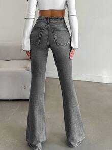 EURMUSE Women's Casual Flare Leg Fitted Button Jeans - Grey - View 2