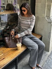 Aloruh 女式新款圆领灰色扎染条纹修身长袖毛衣，秋冬 - 彩色 - 查看 6