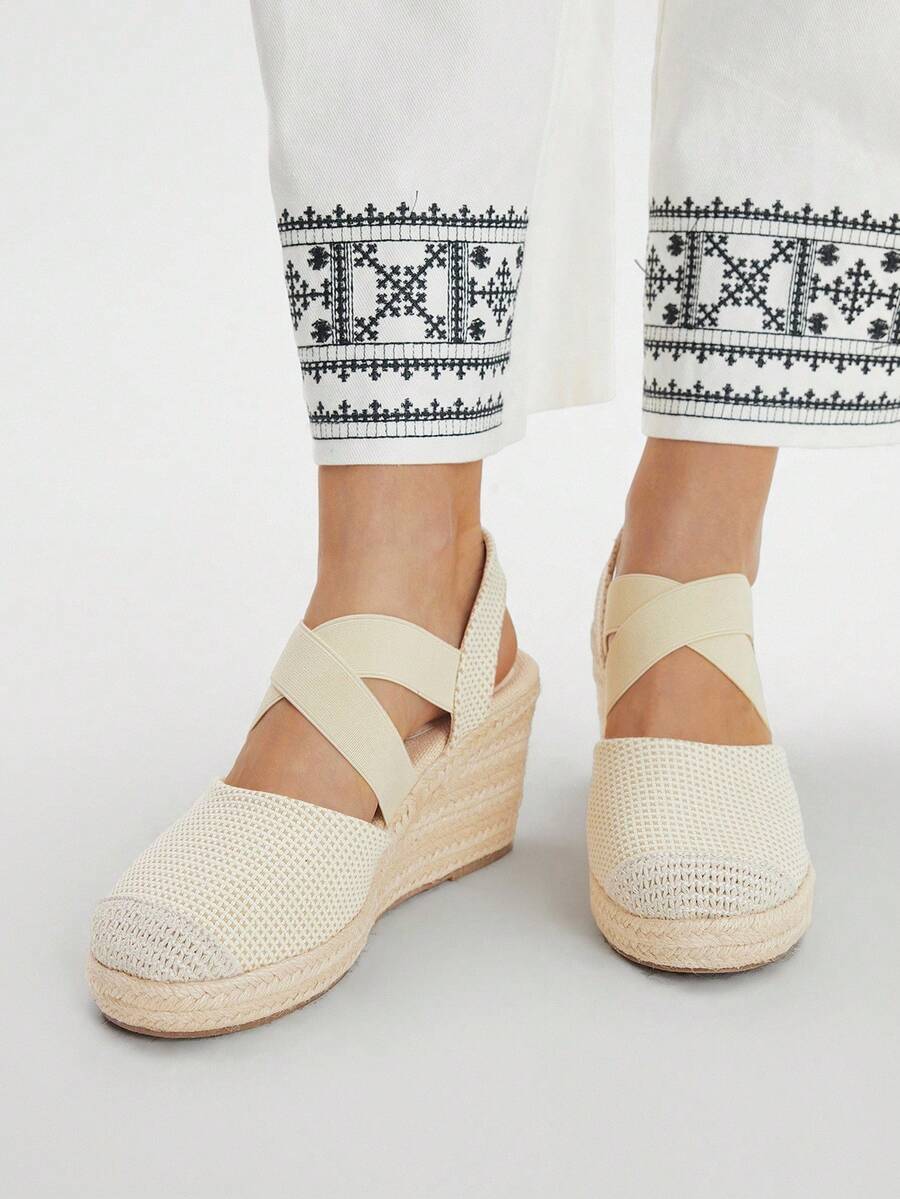 Styleloop Woven Rope Platform Wedge Sandals, Lace-Up, Lightweight, Elevated, Suitable For Party, Wedding, Daily Wear, Vacation, Boho Women Shoes - Apricot - View 1