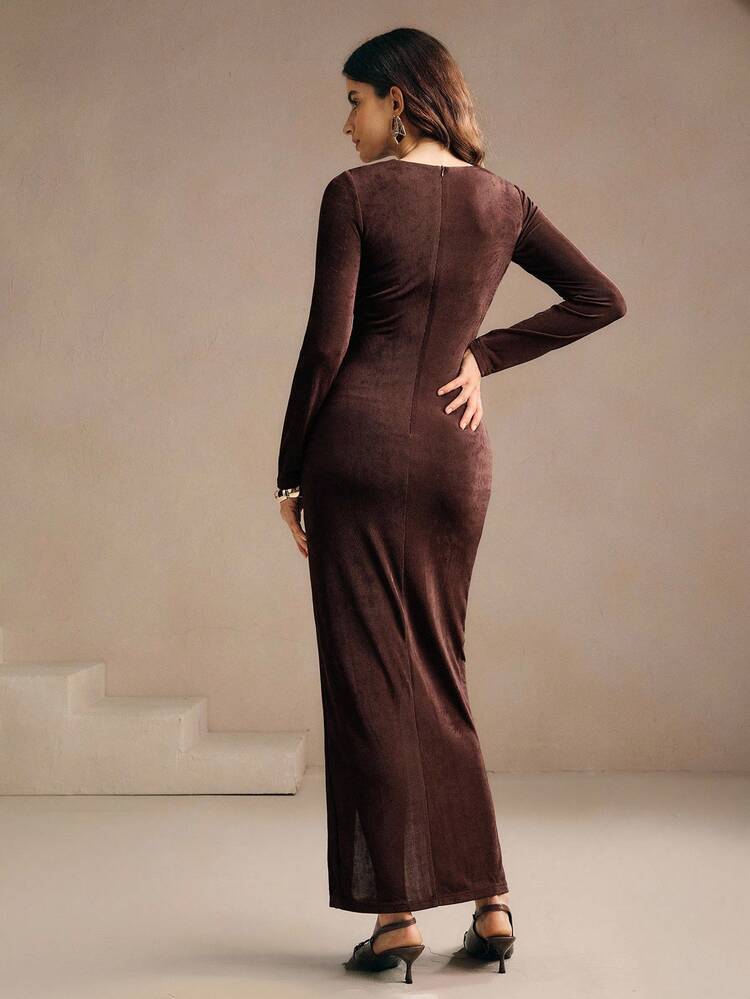 Autumn/Winter New Elegant Ruched Design Fitted Women's Dress, Chic, Suitable For Wedding Party, New Year Look, Luxury Evening Dress For Women, Elegant, Chic, Party Dress, Christmas, Thanksgiving, Winter, Autumn, Brown
