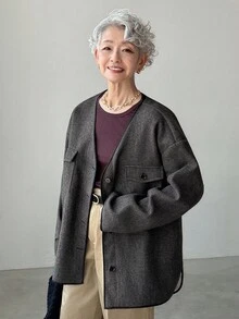 FRIFUL 女士时尚宽松落肩休闲外套 女士开衫 薄款开衫 老年女性服装 日本风服装 亚麻服装 女士外套 - 灰色 - 查看 2