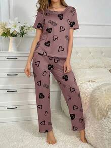Women Heart Print Round Neck Short Sleeve Top And Pants Pajama Set Women Pajama Set Heart Pajama Set Comfy Pajama Set 2 Pieces Pajama Set Cute Pajama Set - Multicolor - View 4