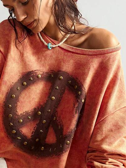 Bohemela Boho Fall/Winter Women's Washed Distressed Peace Graphic Beaded Decorated Front Dropped Shoulder Long Sleeve Casual Sweatshirt Pullover With Studded Detail For Going Out Outfits, Back To School, Graduation, Streetwear, Grunge And Goth, Western Country Style Concert Vacation Outfits