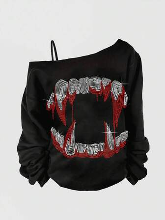 Grunge Punk Plus Size Halloween Dark Punk Demon Teeth Blood Stain Red & Black Vintage Asymmetric Sexy Camisole Hoodie