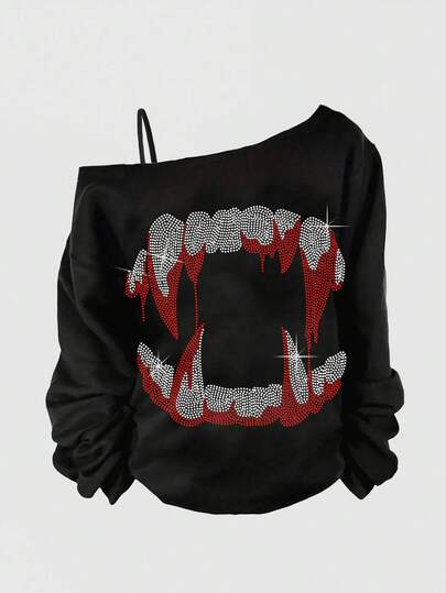 Grunge Punk Plus Size Halloween Dark Punk Demon Teeth Blood Stain Red & Black Vintage Asymmetric Sexy Camisole Hoodie