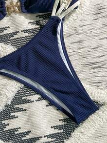 Swim Chiccia Women's Elegant Sexy Beach Vacation Party Swimsuit Set, Metallic Starfish Decor Triangle Cup Bikini, Textured Fabric Navy Blue & Apricot Swimsuit Set - Navy Blue - View 5