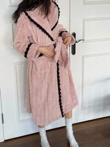 DAZY Women's Textured Fleece Patchwork Hooded Robe, Winter, Fall Fluffy Pajama, Cozy - Pink - View 5