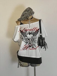 Attitoon Vintage Streetwear Punk Casual Asymmetrical Neck Drawstring T-Shirt For Women - Multicolor - View 4