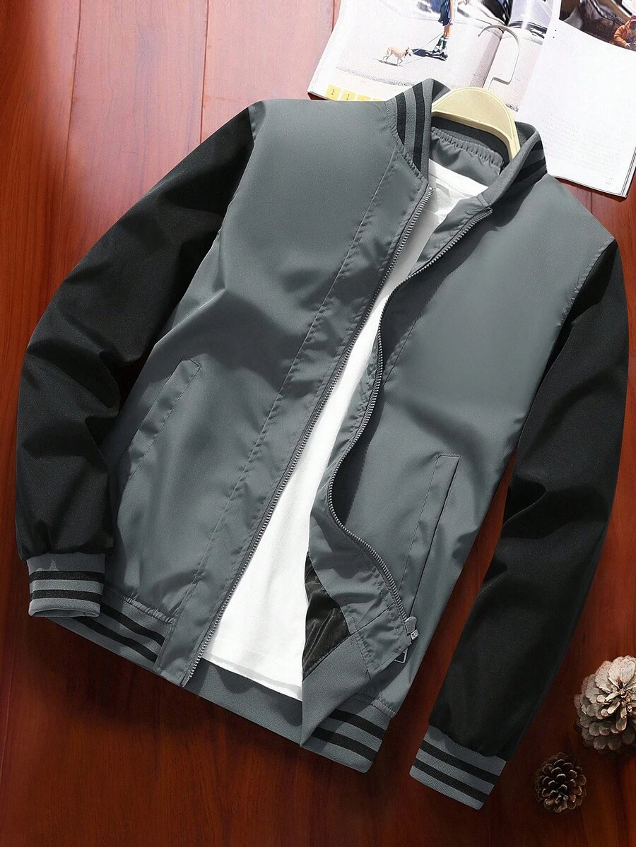 Manfinity Homme Loose Fit Men's Colorblock Striped Trim Bomber Jacket (Without T-Shirt), Fall - Grey - View 1