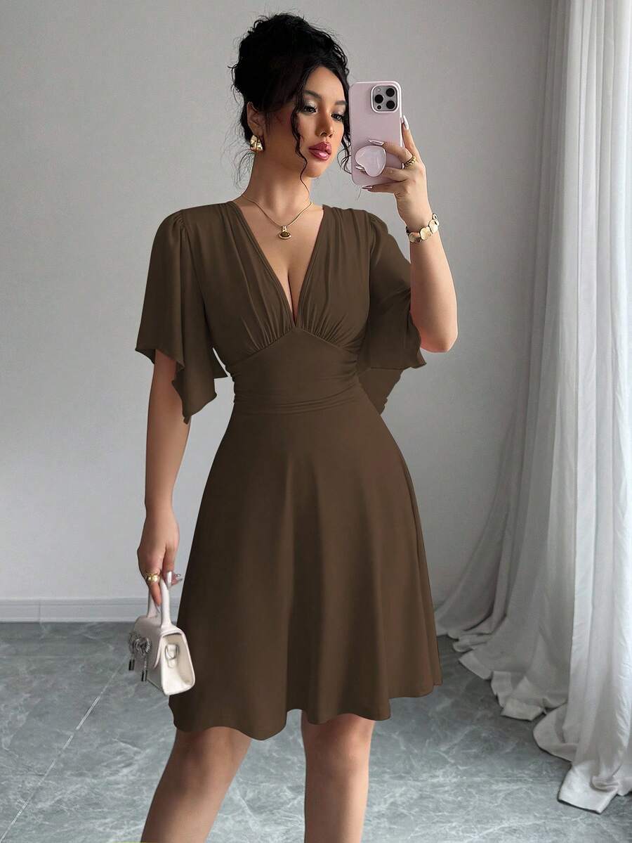 Elenzga New V-Neck Ruched Bust Ruffled Sleeve Waist Cinched Elegant Mini Dress For Women, Flattering & Slimming - Brown - View 1