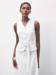 Maija 2025 Otoño/Invierno Nuevo Falda línea A con cuello en V blanco, abotonadura frontal, cinturón ajustable, estilo vintage, urbano, casual, romántico de los 90, apto para fiesta de Acción de Gracias, playa, graduación, boda, cita, fiesta, concierto, brunch, aeropuerto - Blanco - Ver 2