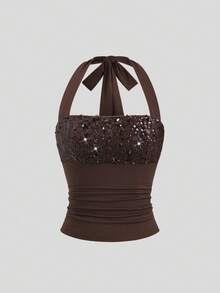 Sweetra Vintage Y2K Sequin Patchwork Slim Fit Racerback Tank Top For Women - Coffee Brown - View 1