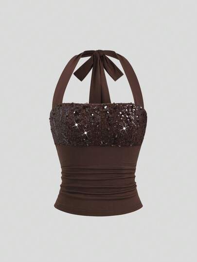 Sweetra Vintage Y2K Sequin Patchwork Slim Fit Racerback Tank Top For Women