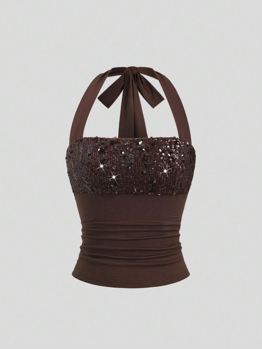 Sweetra Vintage Y2K Sequin Patchwork Slim Fit Racerback Tank Top For Women - Coffee Brown - View 1