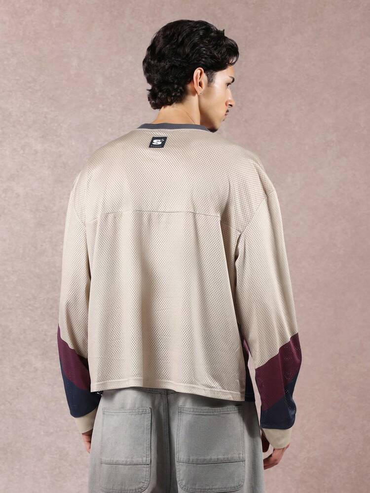 Mesh Football Jersey With Letter Print And Contrast Sleeves