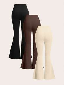 SHEIN EZwear 3pcs Women High Waist Bodycon Flared Pants Set, Suitable For Autumn And Winter