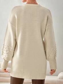 EURMUSE Textured Puff Sleeve Cream Knit Dress With V-Pattern Front Detailing,Jumper,Jumpers For Women,Jumpers,Christmas Jumper,White Jumper,Black Jumper,Ladies Jumper,Women's Jumpers - Beige - View 2