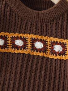 Back-To-School Young Girls Thick Round Neck Cable Knit Sweater,Oversized Loose Fit Vintage Embroidered Patch Casual Wear For School Autumn Fall Winter - Brown - View 4