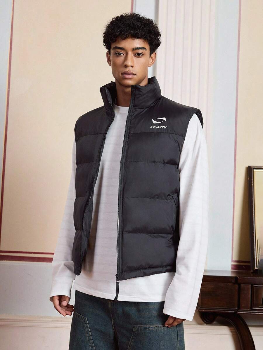 SWAVVY Men's Zip Front Casual Chest Letter Print Puffer Vest, Winter, Fall - Black - View 1