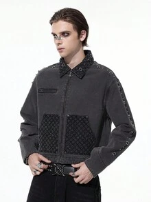 ROMWE MEN Street Life 男士宽松珍珠装饰牛仔夹克 - 深灰色 - 查看 5