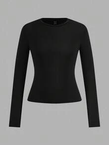 SHEIN EZwear 4件組女款圓領休閒端莊基本款修身長袖T恤套裝，適合秋冬/冬季，日間穿著，黑色、灰褐色、棕色、白色 - 彩色 - 查看 7