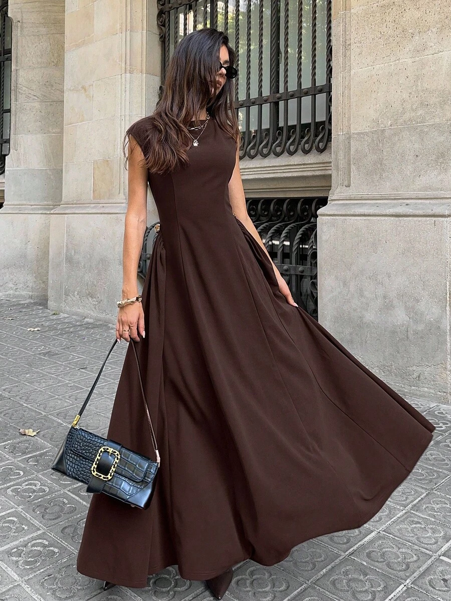 Aloruh 女士秋冬连衣裙，棕色美拉德色，时尚优雅现代船领短袖伞裙，棕色长款连衣裙，巧克力棕色连衣裙，棕色优雅连衣裙，长款休闲连衣裙，女士秋季服装，万圣节服装，万圣节秋冬女装，秋季女装，万圣节服装，秋季服装，女士万圣节服装，女士秋季服装，圣诞派对哥特式连衣裙，女士优雅连衣裙