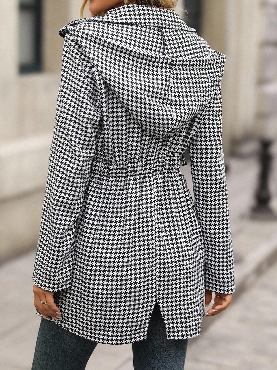 Women's Casual Commuter Houndstooth Hooded Coat Women Houndstooth Outerwear Black And White Coat Autumn Fall Winter Winter Going Out