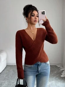 Elenzga Women's Loose V-Neck Wrap Front Sweater - Rust Brown - View 1
