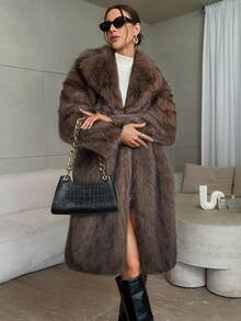 Firerie 女式优雅长款仿皮草大衣秋冬女装 - 咖啡棕 - 查看 4