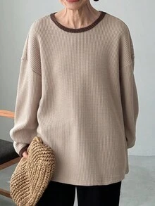 FRIFUL Women's Waffle Knit Contrast Color Loose Fit Round Neck Long Sleeve Casual T-Shirt, Suitable For Spring/Autumn Layering