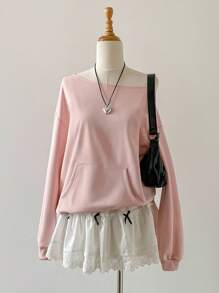 Elamini Sudadera deportiva casual con cuello asimétrico, bolsillo, puños y bajo acanalados en color rosa, manga larga, ideal para graduación, maestros y vuelta al cole en otoño - Rosa - Ver 1