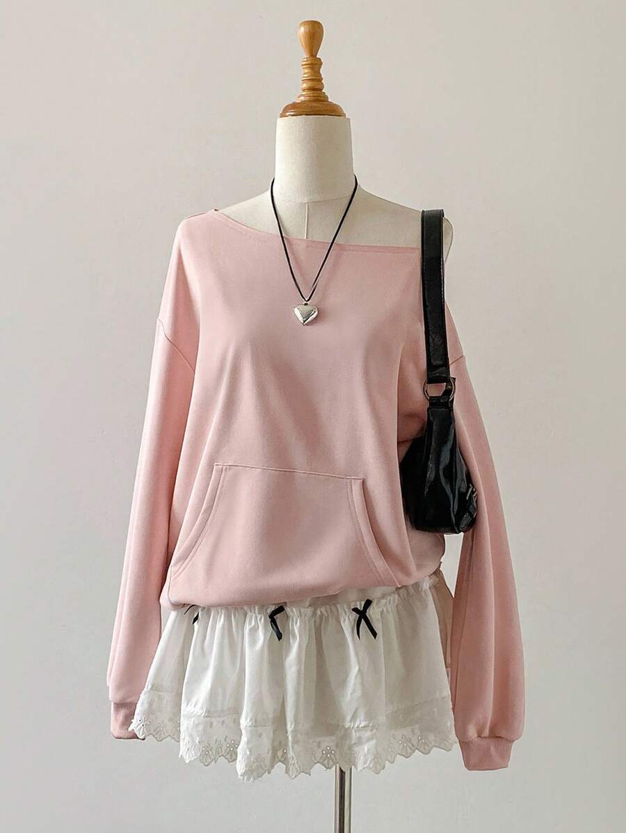 Elamini Sudadera deportiva casual con cuello asimétrico, bolsillo, puños y bajo acanalados en color rosa, manga larga, ideal para graduación, maestros y vuelta al cole en otoño - Rosa - Ver 1
