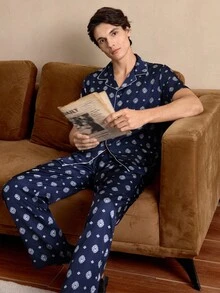 EverLounge Men's Summer Casual Allover Print Short Sleeve Top And Trousers Pajama Set - Multicolor - View 5