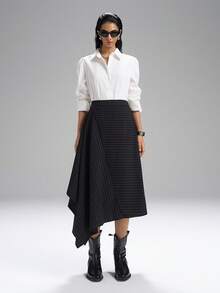 LYSMO 2025 New Arrive Minimalism Fall Women Casual Everyday Asymmetric Hem Striped Skirt  For Going Out Outfits, Back To School, Graduation, Streetwear, And Stockholm Style  Business Casual Deconstructionism - Black - View 3