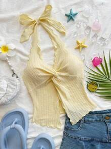 Soleia Fashionable Sexy Halter Tie-Up Twisted Hem Slit Open Back Camisole - Yellow - View 4