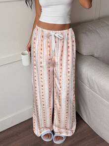 Aloruh New Romantic Striped Bubble Wrinkle Print Cute Cartoon Comfortable Versatile Lounge Pants - Pink - View 5