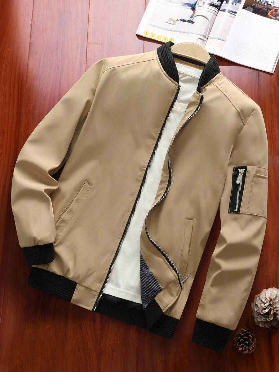 Manfinity Homme Áo khoác nam tay dài cổ khóa kéo phối màu tương phản kiểu dáng bóng chày mùa thu. - Màu Khaki - Xem 1