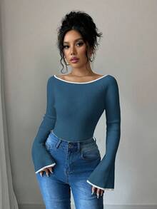 Elenzga Áo len tay loe ôm sát thường ngày cho nữ, mùa thu - Màu xanh hải quân - Xem 4