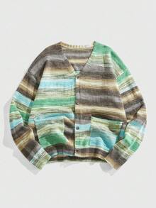 ROMWE MEN Prep Men's V-Neck Drop Shoulder Button Front Casual Ombre Knit Cardigan, Fall Winter - Green - View 1