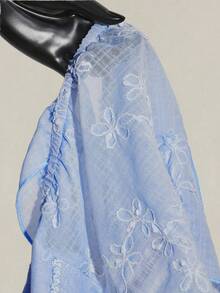 SHEIN ICON 女士褶皱前片修身性感镂空提花浪漫法式荷叶袖露背休闲度假短款吊带背心 - 藍色 - 查看 11